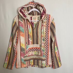 Beach By Exist Colorful Beach Boho 100% Indian Cotton Woven Hoodie Pullover Med